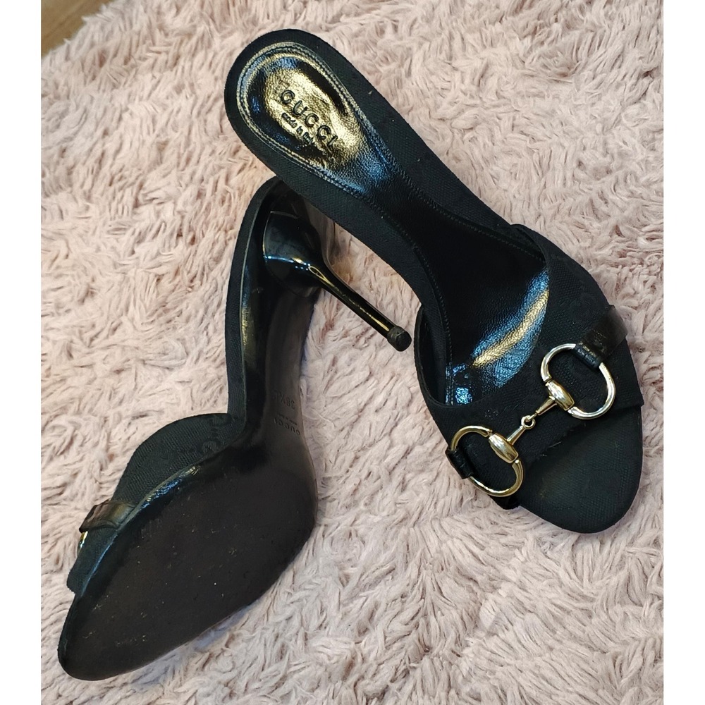Gucci Horsebit GG Monogram Canvas Mules Black Stiletto Sandals 138703 Size 38.5 - Picture 8 of 11